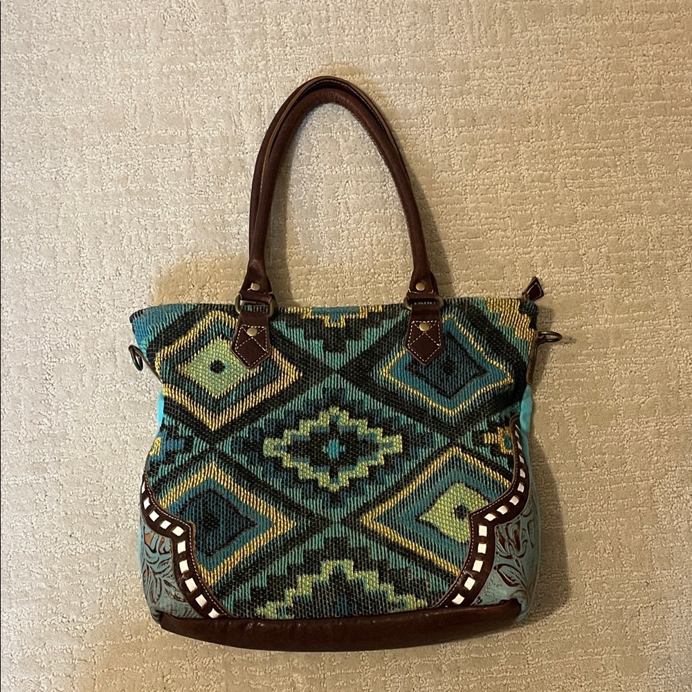 Myra Bag Geometric Patterned Tote Bag - Blue and Brown with leather details